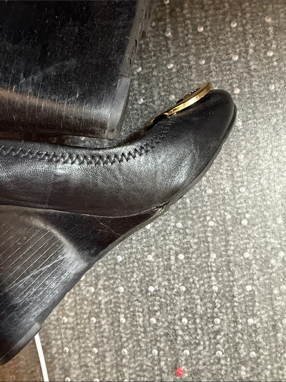 Tory Burch Black Leather Wedges with Gold Logo Medallion